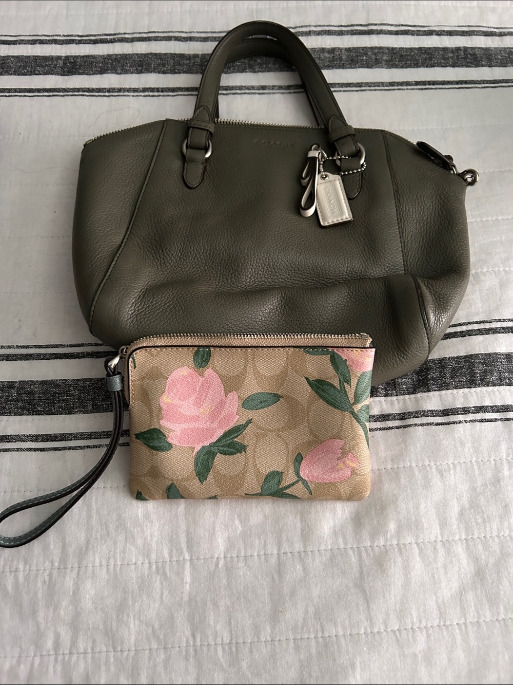 Coach Olive Green Pebbled Leather Satchel with Pink Floral Coach Wristlet